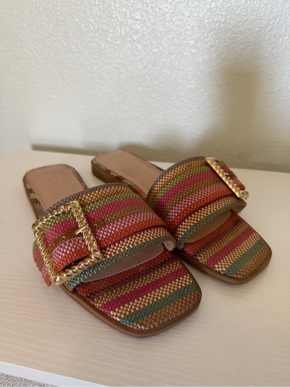 BCBG Multicolor Woven Slide Sandals with Gold Buckle